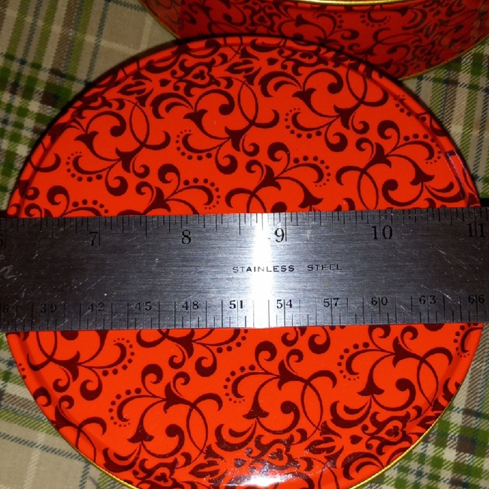 Small Red Scrolled Goodie Tin 5" W X 2" H